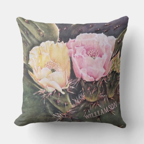 PINK AND YELLOW PRICKLY PEAR CACTUS FLOWERS OUTDOOR PILLOW