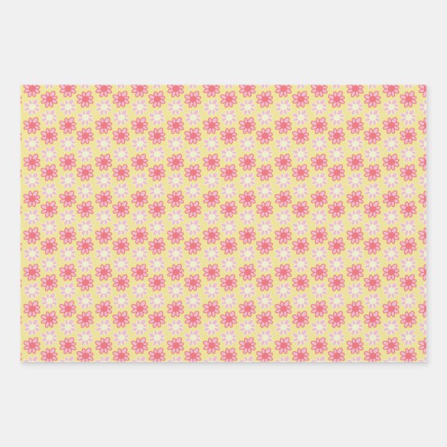 pink and yellow retro flower wrapping paper sheets (Front)