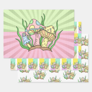 Pink and Yellow Retro Pop Art Mushroom Birthday Wrapping Paper Sheets
