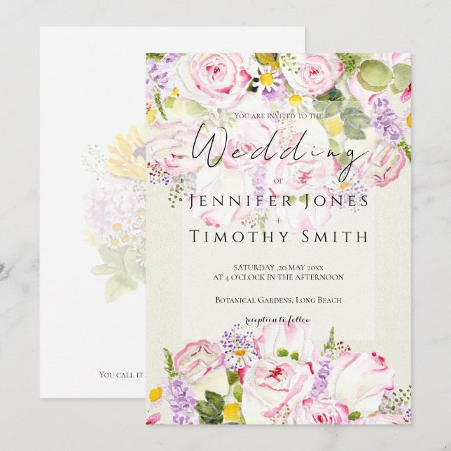 pink and yellow rose bouquet  watercolour  invitation (Front/Back)