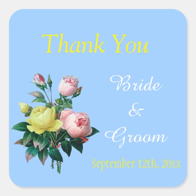 pink and yellow rose flowers wedding favor thank square sticker (Front)