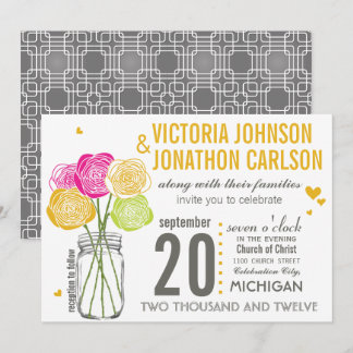 Pink and Yellow Rose Typography Modern Wedding Invitation
