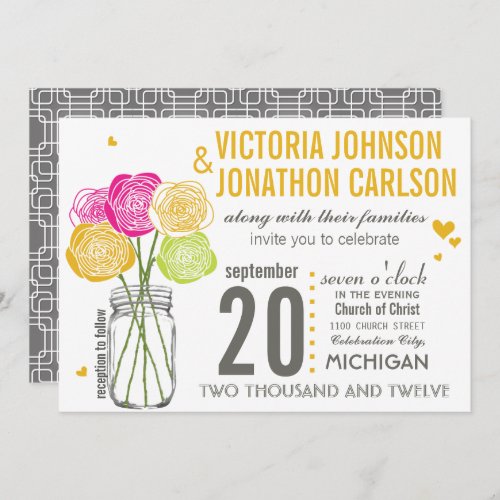 Pink and Yellow Rose Typography Modern Wedding Invitation