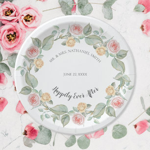 Pink and Yellow Rose Wreath Wedding Paper Plates