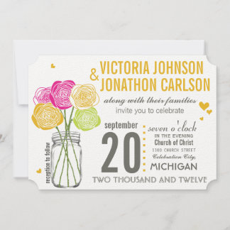 Pink and Yellow Roses Typography Modern Wedding Invitation