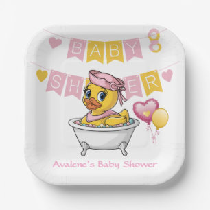 Pink and Yellow Rubber Duck Girl Baby Shower Paper Plates