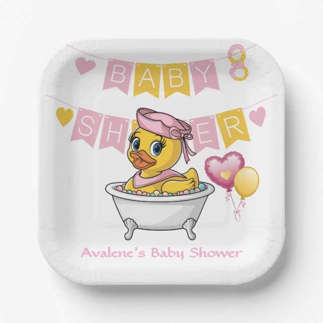 Pink and Yellow Rubber Duck Girl Baby Shower Paper Plates (Front)