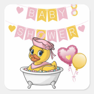 Pink and Yellow Rubber Duck Girl Baby Shower Square Sticker
