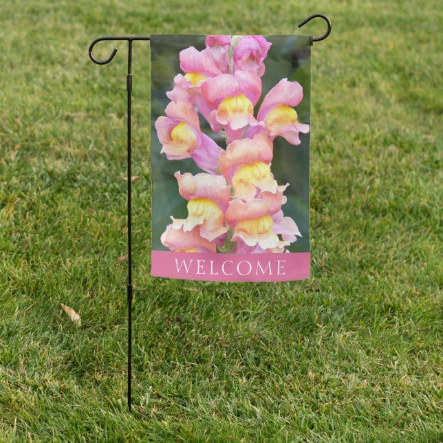 Pink and Yellow Snapdragon Floral Welcome Garden Flag (In SItu)