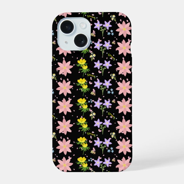 Pink and Yellow Spring Floral Pattern on Black - i iPhone 15 Case (Back)