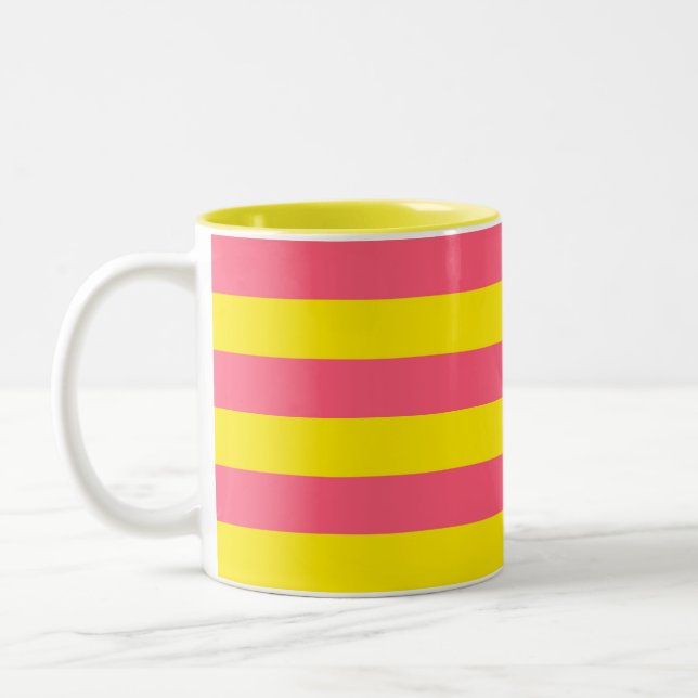 Pink and Yellow Stripes Design Two-Tone Coffee Mug (Left)