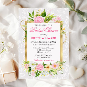 Pink and Yellow Summer Flowers Gold Bridal Shower Invitation