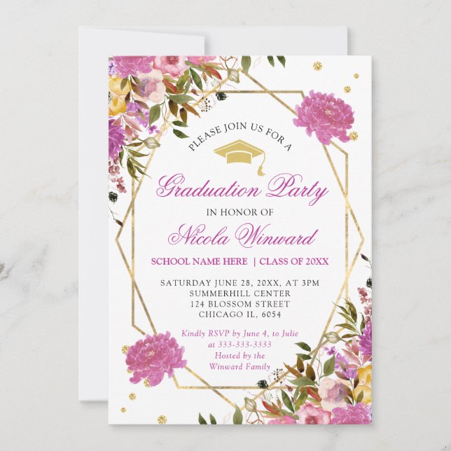 Pink and Yellow Summer Flowers Graduation Invitation (Front)