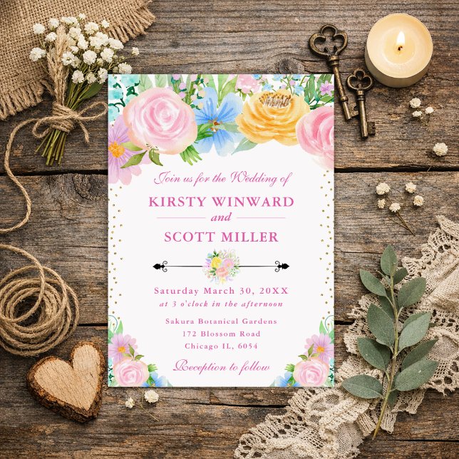 Pink and Yellow Summer Flowers Wedding Invitation (Creator Uploaded)