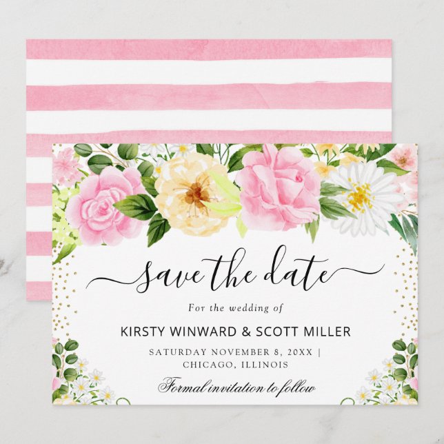 Pink and Yellow Summer Flowers Wedding Save The Date (Front/Back)