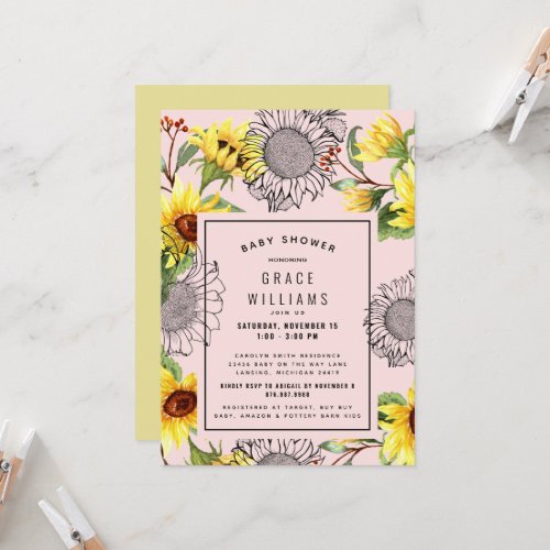 Pink and Yellow Sunflower Baby Shower Invitation