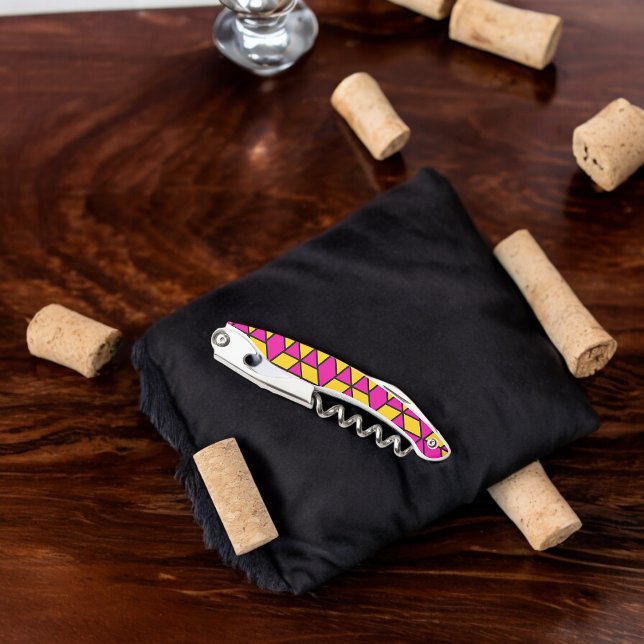 Pink and Yellow Triangles Pattern Waiter's Corkscrew (Corkscrew Bottle Opener)