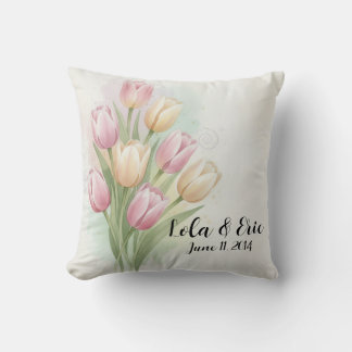 Pink and Yellow Tulip Flower Bouquet Anniversary Throw Pillow