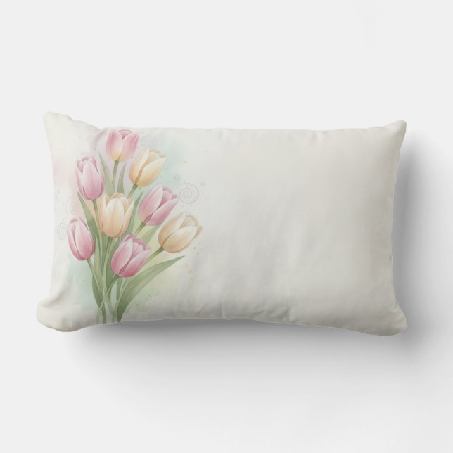 Pink and Yellow Tulip Flower Bouquet Lumbar Pillow (Front)