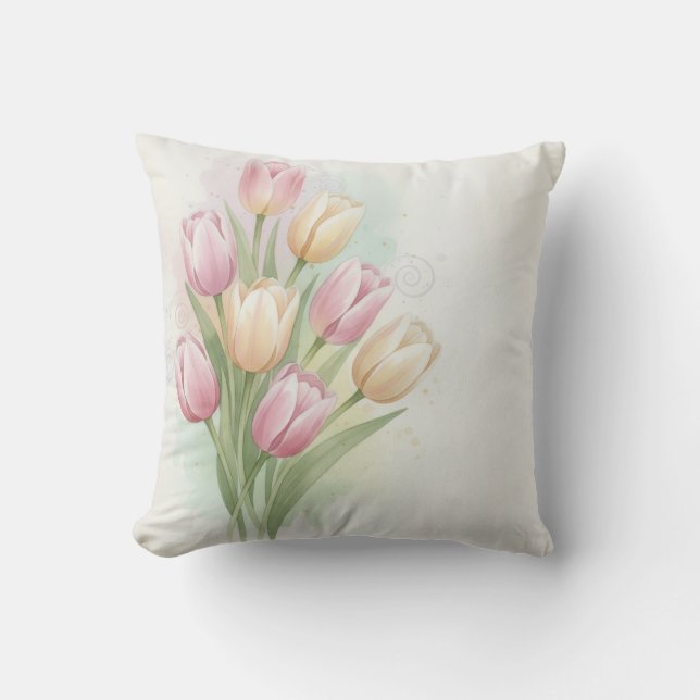 Pink and Yellow Tulip Flower Bouquet Throw Pillow (Front)
