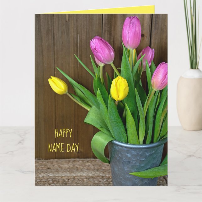pink and yellow tulips in bucket Name Day Card (Front)