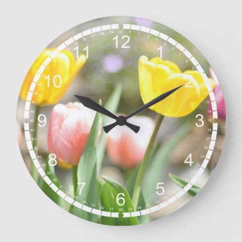 Pink and Yellow Tulips Large Clock