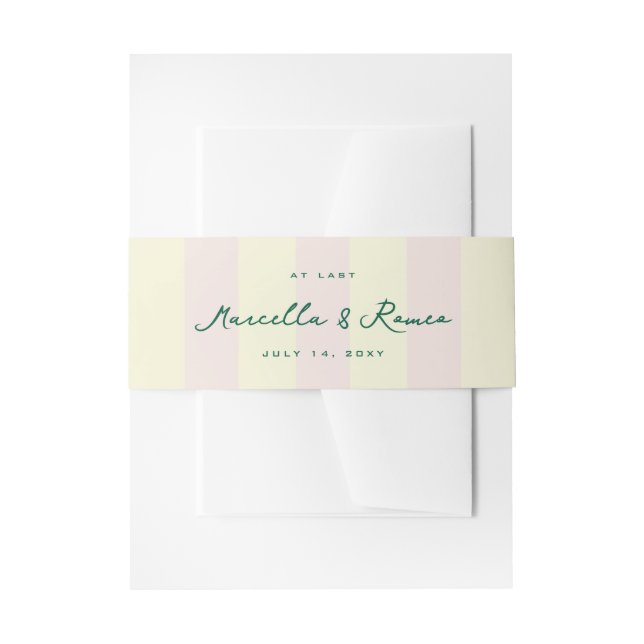 Pink and Yellow Vertical Stripes Names and Date Invitation Belly Band (Front Example)