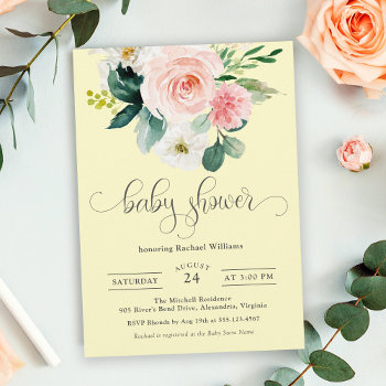 Pink And Yellow Watercolor Floral Baby Shower Invitation by Oasis_Landing at Zazzle