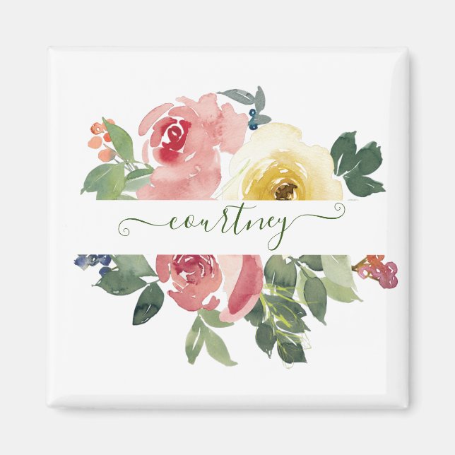 Pink and yellow watercolor floral personalized   magnet (Front)