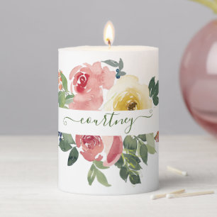 Pink and yellow watercolor floral personalized pillar candle