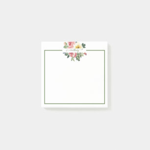 Pink and yellow watercolor floral personalized post-it notes