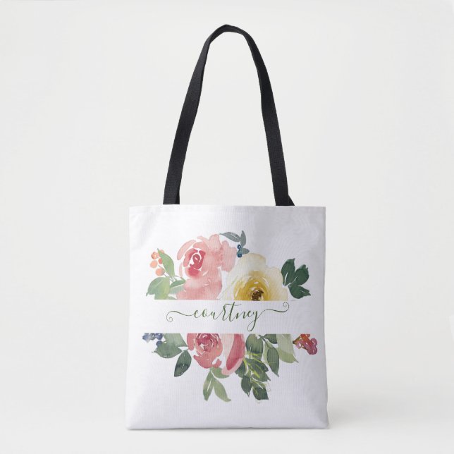 Pink and yellow watercolor floral personalized     tote bag (Front)