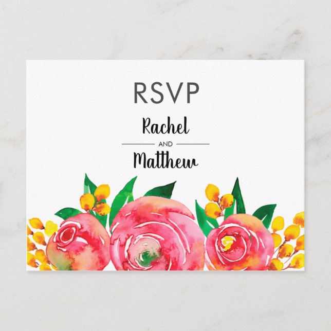 Pink and Yellow Watercolor Floral RSVP Post Cards (Front)