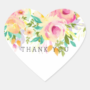 Pink and Yellow Watercolor Floral Thank You Heart Sticker