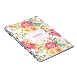 Pink and yellow watercolor flowers pattern notebook