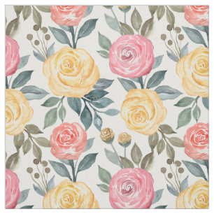 Pink and yellow watercolor rose fabric