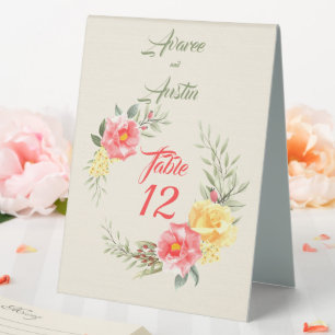 Pink and Yellow Watercolor Roses Table Tent