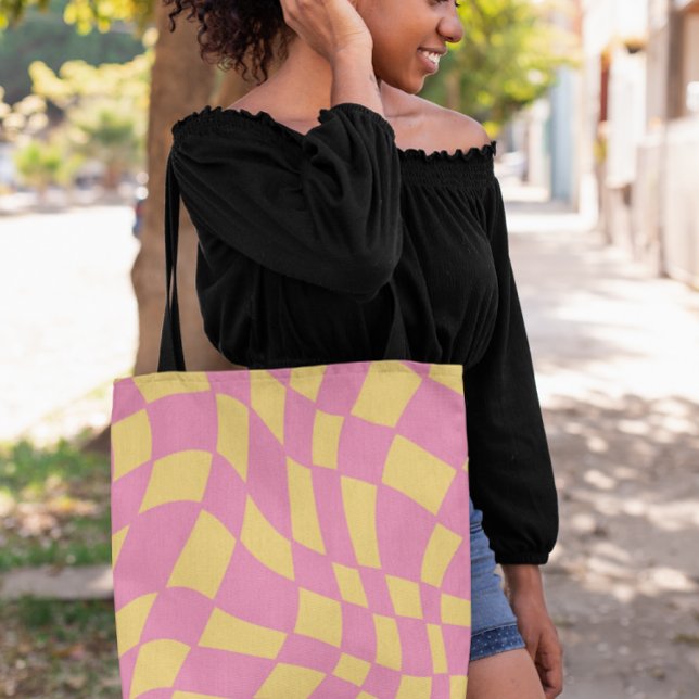 Pink and Yellow Wavy Retro Checkered Crossbody Bag (Creator Uploaded)