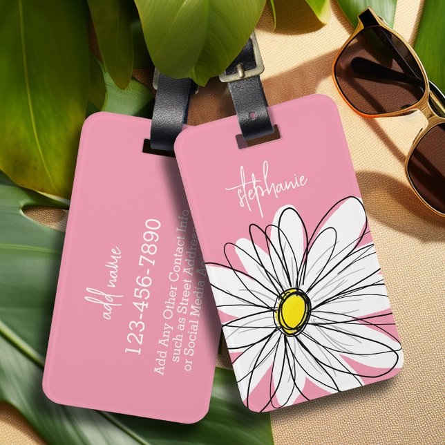 Pink and Yellow Whimsical Daisy Custom Text Luggage Tag (Whimsical Daisy personalized luggage tag)