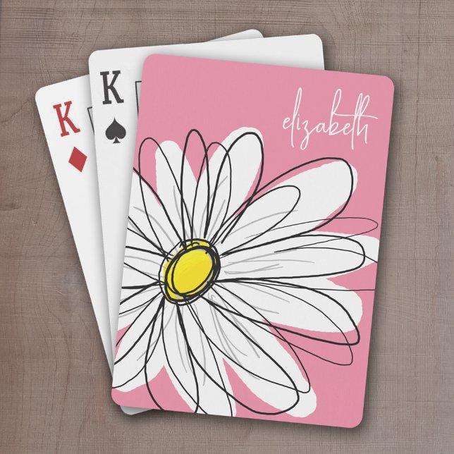 Pink and Yellow Whimsical Daisy Custom Text Poker Cards (Whimsical Daisy Drawing with a place to add your name - personalized playing cards)