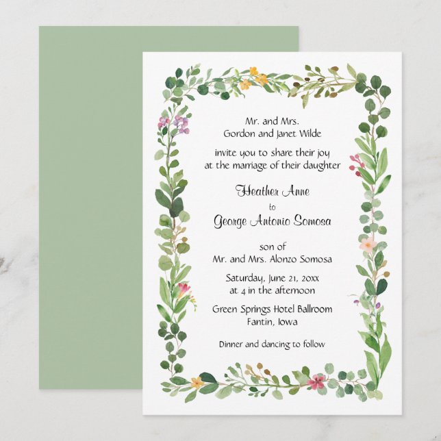 Pink and Yellow Wildflowers and Greenery Wedding Invitation (Front/Back)