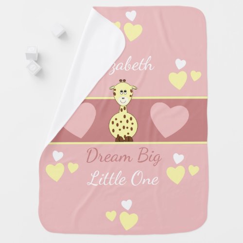 Pink and yellow with giraffe hearts and name receiving blanket