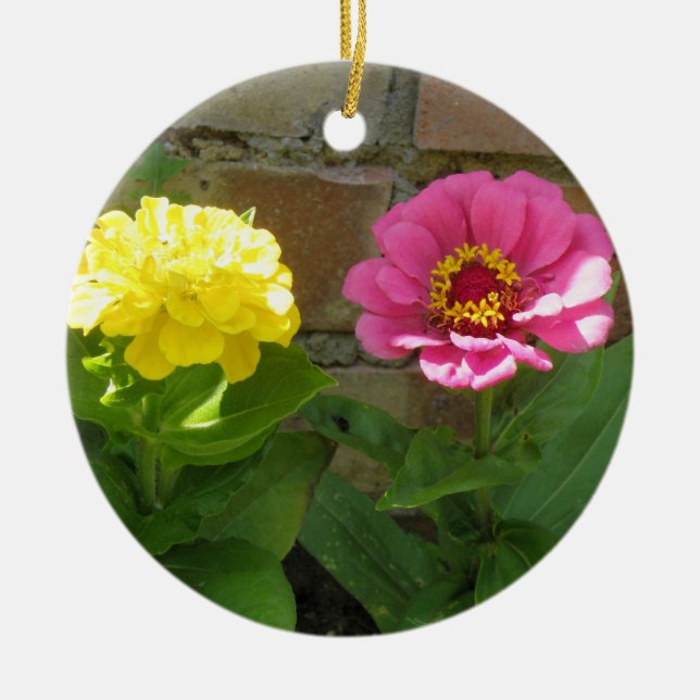 Pink and Yellow Zinnias Custom Birthday Ceramic Ornament (Front)