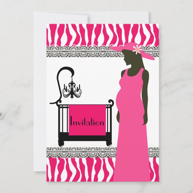 Pink and Zebra Baby Shower Invitation with Pregnan (Front)