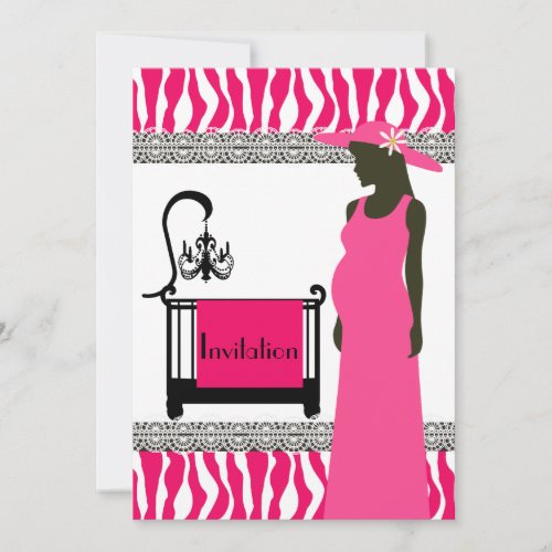 Pink and Zebra Baby Shower Invitation with Pregnan