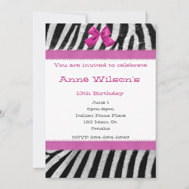 Pink and Zebra Girls Invitation (Front)