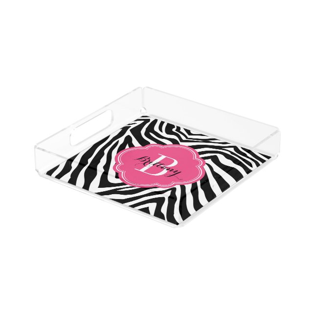 Pink and Zebra Print Custom Monogram Acrylic Tray (Angled)