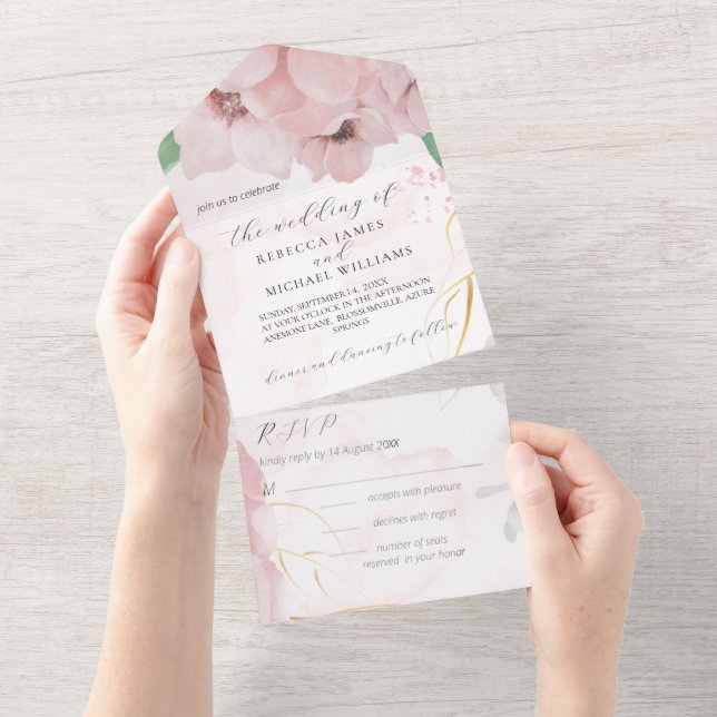 Pink Anemone All in One Wedding Invite (Tearaway)