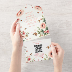 Pink anemone, butterflies floral border wedding all in one invitation