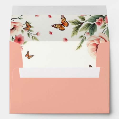 Pink anemone, butterflies floral border wedding envelope